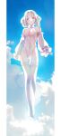  1girl absurdres bare_shoulders blue_background blue_eyes blush bow bowtie breasts clouds cloudy_sky covering covering_breasts eyebrows_visible_through_hair floating flying gem glowing highres immi_immi looking_at_viewer medium_breasts no_shoes original outdoors pleated_sleeves sky smile solo thigh-highs white_bow white_bowtie white_hair white_legwear white_sleeves 