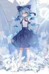  1girl :&lt; absurdres adapted_costume ahoge arms_behind_back blue_bow blue_skirt blue_theme blush bow cirno closed_mouth full_body hair_between_eyes hair_bow half-closed_eyes highres ice ice_wings jitome looking_to_the_side necktie outdoors red_necktie shirt short_hair short_sleeves skirt solo standing suspenders touhou tsune_(tune) white_shirt wing_collar wings 