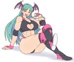  1girl abs boots cleavage_cutout clothing_cutout demon_girl fingerless_gloves gloves green_hair hanzo_(2929) head_wings long_hair looking_at_viewer midriff morrigan_aensland muscular muscular_female solo sports_bra thigh-highs thigh_boots vampire_(game) wings wrestling_outfit 