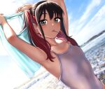 1girl armpits black_eyes black_hair blurry candy clouds competition_school_swimsuit depth_of_field food grey_swimsuit highres kobamiso_(kobalt) lollipop mouth_hold multicolored_hair outdoors sky solo sono_bisque_doll_wa_koi_wo_suru sugaya_nowa swimsuit twintails two-tone_hair water 