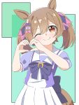  1girl ;) animal_ears bangs black_bow blush bow brown_eyes brown_hair commentary_request eyebrows_visible_through_hair green_background hair_between_eyes hair_bow hands_up head_tilt heart heart_hands highres horse_ears horse_girl horse_tail kapuru_0410 looking_at_viewer one_eye_closed pink_bow pleated_skirt puffy_short_sleeves puffy_sleeves purple_bow purple_shirt school_uniform shirt short_sleeves skirt smart_falcon_(umamusume) smile solo tail tracen_school_uniform twintails two-tone_background umamusume white_background white_skirt 