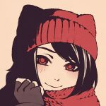  1girl animal_ear_headwear bangs black_hair blush brown_background brown_gloves close-up closed_mouth commentary fingerless_gloves gloves hat knit_hat looking_at_viewer moshimoshibe original portrait red_eyes red_headwear red_scarf scarf short_hair smile solo swept_bangs texture 