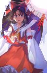 2girls \||/ absurdres ascot bangs bow commentary_request detached_sleeves dress elbow_gloves gap_(touhou) gloves hair_tubes hakurei_reimu highres ikarimame77 long_hair long_sleeves multiple_girls open_mouth purple_dress red_bow red_ribbon red_shirt red_skirt ribbon shirt skirt touhou umbrella white_background white_gloves wide_sleeves wind yakumo_yukari yellow_ascot 