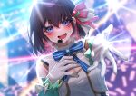  1girl :d azki_(hololive) backlighting bangs blue_bow blue_bowtie blurry blurry_background blush bow bowtie brown_hair colored_inner_hair depth_of_field dutch_angle eyebrows_visible_through_hair gloves hair_between_eyes hair_ribbon hand_on_own_chest headset highres hololive hololive_idol_uniform jacket long_hair looking_at_viewer mikan_(chipstar182) multicolored_hair outstretched_arm red_ribbon redhead ribbon shirt short_hair smile solo stage_lights upper_body violet_eyes virtual_youtuber white_gloves white_jacket white_shirt 
