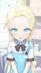  1girl apron bangs black_bow black_bowtie blonde_hair blue_apron blue_archive blue_eyes blurry blurry_background bow bowtie bright_pupils collared_shirt fook_(gcts5284) forehead halo highres id_card indoors light_blush long_hair looking_at_viewer mini_wings parted_bangs parted_lips shelf shirt short_eyebrows short_sleeves solo sora_(blue_archive) strap_slip striped striped_bow striped_bowtie sweatdrop two_side_up v_arms wavy_mouth white_pupils white_shirt white_wings wings 