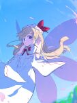  1girl blonde_hair blue_eyes blush capelet dress fairy fairy_wings flower-shaped_pupils hat highres lily_white long_hair long_sleeves nama_udon parted_lips solo symbol-shaped_pupils touhou white_capelet white_dress white_headwear wide_sleeves wings 