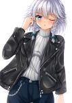  1girl alternate_costume bangs black_jacket blue_eyes braid chain contemporary cowboy_shot eyebrows_visible_through_hair highres izayoi_sakuya jacket long_sleeves looking_at_viewer one_eye_closed parted_lips reijing_etrn short_hair side_braids silver_hair simple_background solo standing sweater touhou twin_braids white_background white_sweater zipper 