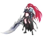 1girl absurdres armor cape chain full_body greaves high_ponytail highres holding holding_sword holding_weapon huge_weapon long_hair looking_at_viewer lost_ark navel original pauldrons pelvic_curtain red_eyes redhead shoulder_armor simple_background solo standing sword tungtunggugu very_long_hair weapon 