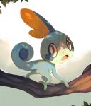  :o blue_eyes branch commentary creature full_body looking_back no_humans pokemon pokemon_(creature) salanchu signature simple_background sobble solo white_background 