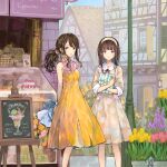  2girls bangs blunt_bangs cake clara_(claris) claris_(group) collarbone dress food green_eyes headband idol karen_(claris) lamppost long_hair looking_at_viewer multiple_girls neckerchief necktie non-web_source official_art orange_dress outdoors pink_eyes plant pleated_dress polka_dot polka_dot_dress sidelocks sleeveless sleeveless_dress smile striped 