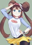  1girl arm_up bangs black_legwear blue_eyes blush bow bright_pupils brown_hair closed_mouth commentary_request double_bun green_background hand_on_hip highres legwear_under_shorts long_hair myuuu_ay pantyhose pink_bow pokemon pokemon_(game) pokemon_bw2 raglan_sleeves rosa_(pokemon) short_shorts shorts simple_background smile solo twintails visor_cap white_pupils yellow_shorts 