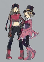  2girls bandana belt belt_buckle black_bandana black_headwear black_pants boots brown_belt brown_eyes brown_gloves brown_hair buckle cane chaser_(pokemon) commentary crop_top gloves grey_background hat highres holding holding_cane holding_poke_ball ittumozzz long_hair multiple_girls navel pants pantyhose pink_footwear pink_skirt poke_ball pokemon pokemon_(game) pokemon_colosseum shirt skirt standing street_performer_(pokemon) top_hat 