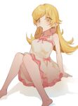  1girl bangs bare_shoulders barefoot blonde_hair blush breasts doughnut dress eyebrows_visible_through_hair food highres kurokiri6630 long_hair looking_at_viewer monogatari_(series) oshino_shinobu pointy_ears sitting solo yellow_eyes 