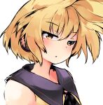  1girl bangs blonde_hair blush breasts earmuffs eyebrows_visible_through_hair face ginnkei hair_between_eyes half-closed_eyes looking_at_viewer pointy_hair portrait short_hair simple_background solo touhou toyosatomimi_no_miko upper_body white_background yellow_eyes 