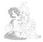  2girls :o animal_ear_fluff backpack backpack_removed bag bangs bare_shoulders bow bowtie closed_eyes elbow_gloves extra_ears eyebrows_visible_through_hair full_body gloves greyscale hair_between_eyes hands_on_another&#039;s_shoulders highres kaban_(kemono_friends) kemono_friends kneeling kona_ming legwear_under_shorts monochrome multiple_girls open_mouth pantyhose print_bow print_bowtie print_gloves print_legwear print_skirt serval_(kemono_friends) serval_print shirt short_hair short_sleeves shorts sitting sketch skirt sleeveless sleeveless_shirt tail teeth thigh-highs wariza 