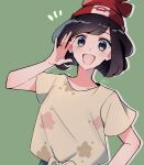  1girl :d bangs beanie blue_eyes brown_hair floral_print green_background green_shorts hand_up hat highres looking_at_viewer notice_lines open_mouth pokemon pokemon_(game) pokemon_sm red_headwear selene_(pokemon) shiny shiny_hair shirt short_hair short_sleeves shorts signature simple_background smile solo t-shirt tere_asahi tied_shirt upper_body yellow_shirt 