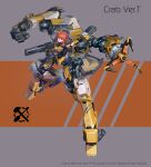  1girl android armor caterpillar_tracks claw_(weapon) commentary_request exoskeleton full_body grey_background gun hair_ribbon highres holding holding_gun holding_weapon joints mecha mixed-language_commentary orange_background orange_hair original parted_lips reaching_out red_eyes ribbon robot_joints science_fiction solo two-tone_background ushas weapon 