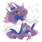  :3 brown_eyes cloak closed_mouth colored_sclera commentary_request cosplay full_body looking_to_the_side magne_(k2l8m22) meowstic meowstic_(cosplay) meowstic_(female) meowstic_(female)_(cosplay) mismagius no_humans pokemon pokemon_(creature) pokemon_ears smile solo white_cloak yellow_sclera 