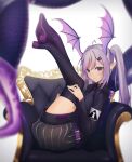  1girl absurdres arknights armchair bangs black_footwear black_legwear black_shirt black_shorts blurry blurry_foreground boots chair closed_mouth commentary_request depth_of_field eyebrows_behind_hair grey_hair hair_between_eyes head_wings highres legs_up looking_at_viewer manticore_(arknights) moubun_nisei on_chair pink_wings pointy_ears puffy_shorts red_eyes shirt short_shorts shorts solo striped striped_shorts tail thigh-highs thigh_boots twintails vertical-striped_shorts vertical_stripes wings 