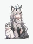  +_+ 1girl :&lt; animal animal_ear_fluff animal_ears bangs between_legs black_legwear blue_eyes cat cat_ears cat_girl cat_tail closed_mouth commentary english_commentary eyebrows_visible_through_hair grey_background grey_hair grey_sweater hair_between_eyes hair_ornament hairclip hand_between_legs highres horns long_hair long_sleeves looking_away looking_to_the_side mosoukeito no_shoes off_shoulder original pointy_ears shadow sleeves_past_fingers sleeves_past_wrists solo squatting sweater tail thigh-highs two_side_up very_long_hair x_hair_ornament 