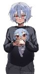  1girl absurdres ayanami_rei black_sweater blue_hair blush doll_hug hair_between_eyes highres neon_genesis_evangelion object_hug red_eyes slavesofgod stuffed_toy sweater 