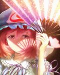  1girl absurdres bangs bug butterfly closed_mouth eyebrows_visible_through_hair folding_fan frilled_sleeves frills glowing glowing_butterfly hair_between_eyes hand_fan hand_up hat highres hitodama holding holding_fan japanese_clothes kimono long_sleeves looking_at_viewer medium_hair mob_cap oubachiago paper_fan pink_hair procreate_(medium) red_eyes saigyouji_yuyuko signature smile solo touhou triangular_headpiece 