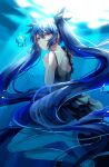  1girl absurdly_long_hair absurdres aryuma772 bad_feet bangs bare_arms bare_legs barefoot black_bow black_dress blue_eyes blue_hair bow bubble dress eyebrows_visible_through_hair floating_hair full_body hair_between_eyes hair_bow hatsune_miku highres layered_dress long_hair shinkai_shoujo_(vocaloid) short_dress shoulder_blades sleeveless sleeveless_dress soles solo sparkle twintails underwater underwear very_long_hair vocaloid 