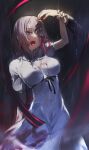  1girl absurdres arm_up bangs black_ribbon blood blood_in_hair blood_on_clothes blood_on_face breasts breasts_apart collared_dress dress eyebrows_visible_through_hair fate/stay_night fate_(series) hair_between_eyes hair_ribbon highres long_dress long_hair matou_sakura medium_breasts open_mouth purple_hair rain red_ribbon rei_no_himo ribbon shigure_(shigure_43) short_sleeves solo standing straight_hair violet_eyes white_dress wing_collar 