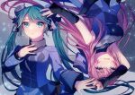  2girls :d aryuma772 bangs black_sleeves blue_eyes blue_shirt breasts detached_sleeves dress_shirt eyebrows_visible_through_hair floating_hair green_hair grey_jacket hair_between_eyes hair_ornament hatsune_miku highres jacket long_hair long_sleeves looking_at_viewer medium_breasts megurine_luka multiple_girls open_mouth pink_hair shirt sleeveless sleeveless_shirt smile twintails upper_body very_long_hair vocaloid 