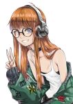  absurdres arad_baranga breasts choker commentary fur-trimmed_jacket fur_trim glasses green_jabot green_jacket grey_eyes headphones highres jacket jacket_removed long_hair looking_at_viewer orange_hair persona persona_5 sakura_futaba simple_background small_breasts smile solo solo_focus tank_top v white_background white_tank_top 