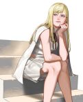  1girl absurdres blonde_hair blue_eyes capelet dress gigi_andalusia gundam gundam_hathaway&#039;s_flash hair_behind_ear highres joie lipgloss ribbon simple_background sitting sitting_on_stairs solo stairs white_background white_capelet white_dress 
