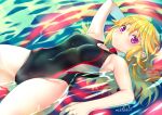  1girl black_swimsuit blonde_hair competition_swimsuit covered_navel cowboy_shot highleg highleg_swimsuit long_hair looking_at_viewer mitake_eil one-piece_swimsuit original partially_submerged solo swimsuit twitter_username violet_eyes water 