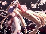  1girl bare_shoulders blurry bow bowtie breasts chain cherry_blossoms crying depth_of_field flower frills from_side hair_bow hand_on_own_chest hand_up highres horn_ornament horn_ribbon horns ibuki_suika light_brown_hair long_hair one_eye_covered oni_horns pink_flower profile red_bow red_bowtie ribbon small_breasts solo streaming_tears tears torinari_(dtvisu) touhou upper_body very_long_hair 