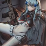  1girl armored_bodysuit assault_rifle bangs black_bodysuit blunt_bangs bodysuit breasts close-up commentary covered_navel cross_hair_ornament girls_frontline green_eyes gun h&amp;k_hk416 hair_ornament hip_gear hk416_(girls&#039;_frontline) hk416_(midnight_evangelion)_(girls&#039;_frontline) indoors large_breasts long_hair magazine_(weapon) multicolored_bodysuit multicolored_clothes official_alternate_costume persocon93 rifle scope shell_casing silver_hair sitting solo teardrop_facial_mark teardrop_tattoo weapon white_bodysuit 