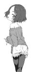  1girl bare_shoulders commentary_request copyright_request denim denim_shorts from_behind greyscale hair_ornament hairclip highres long_sleeves looking_at_viewer looking_back monochrome open_mouth pantyhose short_hair shorts solo sweater teeth yamamoto_souichirou 