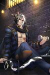  1boy abs animal_ears black_hair blackat_(saibai_shounen) cat_boy cat_ears cat_tail cuffs dumbbell handcuffs highres hwang_bo looking_at_viewer male_focus multicolored_hair muscular muscular_male official_art prison prison_cell saibai_shounen second-party_source solo tail white_hair 