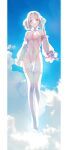  1girl absurdres bangs bare_shoulders blue_eyes blush bow bowtie breast_curtains breasts clouds cloudy_sky eyebrows_visible_through_hair fishnets floating flying full_body gem glowing highres immi_immi long_hair looking_at_viewer medium_breasts no_shoes original outdoors sky smile solo thigh-highs white_bow white_bowtie white_hair white_legwear white_sleeves 