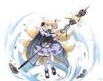  1girl 2022 animal_ears apron arknights arm_up bare_shoulders black_footwear black_gloves blonde_hair blue_hairband braid cape commentary_request fox_ears fox_girl fox_tail gloves green_eyes hair_rings hairband highres holding holding_polearm holding_weapon kalun_(fwme3378) kitsune looking_at_viewer multicolored_hair open_mouth pantyhose pleated_skirt polearm purple_skirt shirt shoes signature simple_background single_glove skirt solo spear suzuran_(arknights) tail torn_clothes torn_legwear twin_braids two-tone_hair waist_apron weapon white_apron white_background white_cape white_hair white_legwear white_shirt 