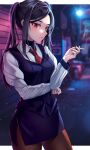  1girl alley bartender cigarette girls_frontline highres jill_stingray long_hair miniskirt necktie pantyhose purple_hair red_eyes skirt smoking solo twintails v_burger103 va-11_hall-a vest 