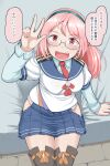  1girl :d blue_skirt blush breasts commentary_request cosplay glasses hairband hip_vent kantai_collection large_breasts long_hair long_sleeves looking_at_viewer mimofu_(fullhighkick) necktie ooyodo_(kancolle) ooyodo_(kancolle)_(cosplay) open_mouth panties pink_hair red_eyes red_neckwear reward_available sazanami_(kancolle) school_uniform sitting skirt smile solo speech_bubble thigh-highs translation_request underwear v white_hairband 