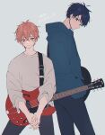  2boys bangs blue_background blue_eyes blue_hair character_request closed_mouth given grey_background guitar hair_between_eyes highres hood hood_down hoodie instrument long_sleeves male_focus mei_(maple_152) multiple_boys orange_eyes orange_hair own_hands_together pants simple_background 