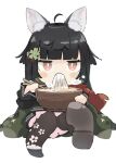  1girl ahoge animal_ear_fluff animal_ears bangs black_hair blunt_bangs blush_stickers cherry_blossom_print chibi floral_print girls_frontline kemonomimi_mode kilabo long_hair pantyhose red_eyes scarf school_uniform serafuku shoes solo type_100_(girls&#039;_frontline) very_long_hair 