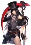  1other asymmetrical_gloves asymmetrical_sleeves bare_shoulders black_gloves black_hair closed_mouth cowboy_shot detached_sleeves fingerless_gloves gloves guilty_gear guilty_gear_strive hankuri hat long_hair looking_at_viewer red_eyes scythe skull testament_(guilty_gear) top_hat white_gloves 