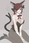  1girl 333kyanako animal_ears bell bird black_bow bow bowtie braid cat_ears cat_tail closed_eyes extra_ears forked_tail grey_background high_heels highres kaenbyou_rin motion_lines multiple_tails neck_bell nekomata playboy_bunny pointy_ears red_bow red_bowtie red_eyes redhead reiuji_utsuho reiuji_utsuho_(bird) sitting sketch slit_pupils solo swimsuit tail third_eye touhou twin_braids 