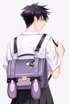  1boy artist_name back backpack bag black_hair black_skirt blush crossdressing fushiguro_megumi green_eyes highres jujutsu_kaisen kuromi looking_back male_focus plaid plaid_skirt sanrio school_uniform shirt short_hair short_sleeves simple_background skirt solo spiky_hair sticker white_background white_shirt z0umu 