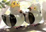  animal_focus bird blurry branch closed_eyes closed_mouth commentary_request day joltik leaf looking_to_the_side no_humans on_head open_mouth outdoors pidove pokemon pokemon_(creature) pokemon_on_head shibano_1103 standing 