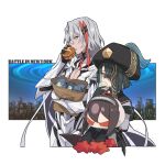  1boy 1girl absurdres armor background_text bangs black_gloves black_hair body_armor breasts burger cape chinese_clothes cleavage_cutout clothing_cutout commentary doll dumpling eating fate/grand_order fate_(series) feet_out_of_frame food gloves hair_between_eyes hair_ornament hair_over_one_eye hair_stick hat highres holding holding_doll holding_food long_hair long_sleeves looking_away medium_hair mole mole_under_eye multicolored_hair new_york odysseus_(fate) official_alternate_costume pectorals redhead small_breasts straight_hair streaked_hair tia_(cocorosso) two-tone_hair white_hair xu_fu_(fate) yellow_eyes yu_mei-ren_(fate) 