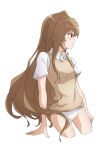  1girl absurdres aisaka_taiga bangs brown_eyes brown_hair closed_mouth collared_shirt commentary_request cropped_legs highres light_blush long_hair looking_ahead nijizuki_shino panties profile shirt short_sleeves simple_background smile solo sweater_vest toradora! underwear very_long_hair white_background white_panties white_shirt 