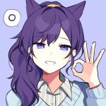  1girl animal_ears asahina_mafuyu blue_background blue_cardigan cardigan cat_ears commentary grey_shirt grin hand_up high_ponytail long_hair long_sleeves looking_at_viewer ok_sign playstation_symbols portrait project_sekai shirt smile solo spoken_o symbol-only_commentary waka_(wk4444) 