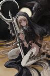  1girl absurdres black_dress blonde_hair breasts crescent dress gloves gold_can grey_eyes habit highres holding holding_staff long_hair long_sleeves looking_at_viewer medium_breasts moon nun open_clothes original sitting solo staff thigh-highs very_long_hair wariza white_legwear 